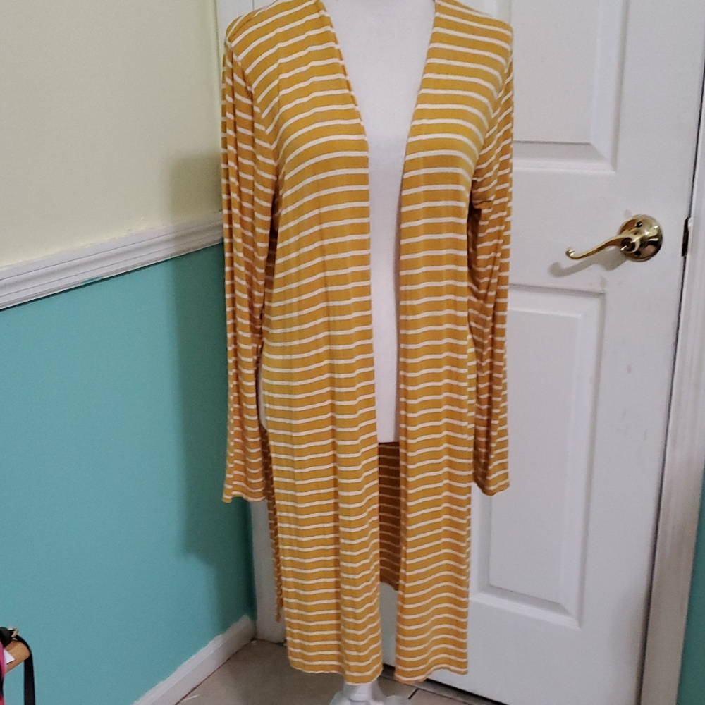 Ambiance Yellow Striped Long Sleeves Longlind Open Cardigan L